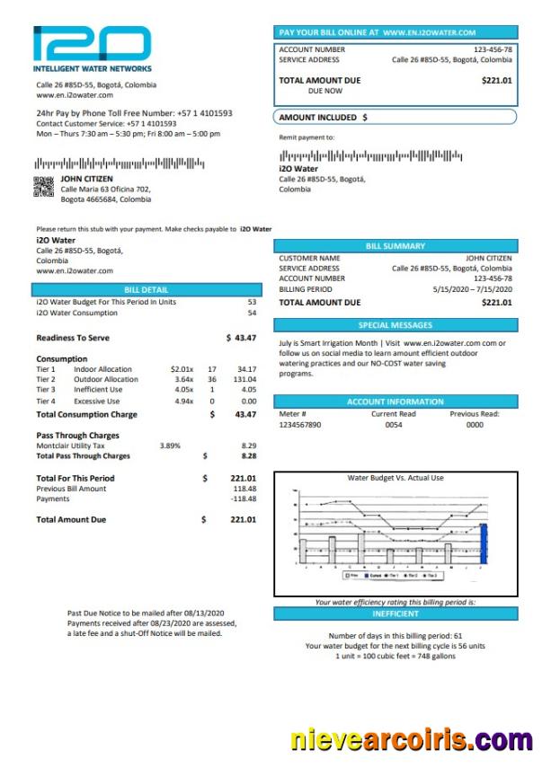 Colombia i2O Water utility bill